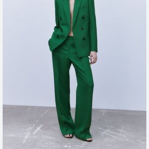 Zara Green Double-Breasted Coat with Pink Lining